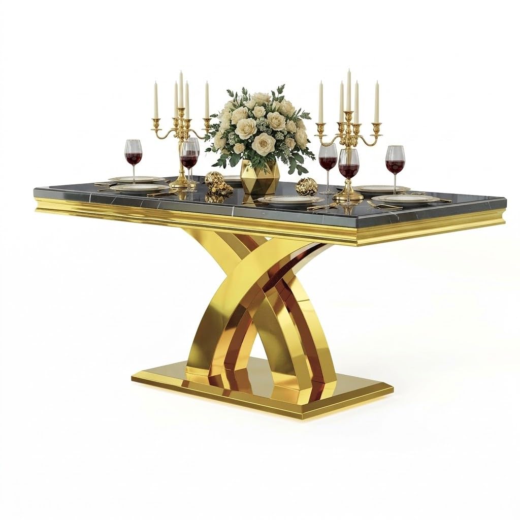 65" Black Faux Marble Dining Table with Polished Gold X-Cross Base