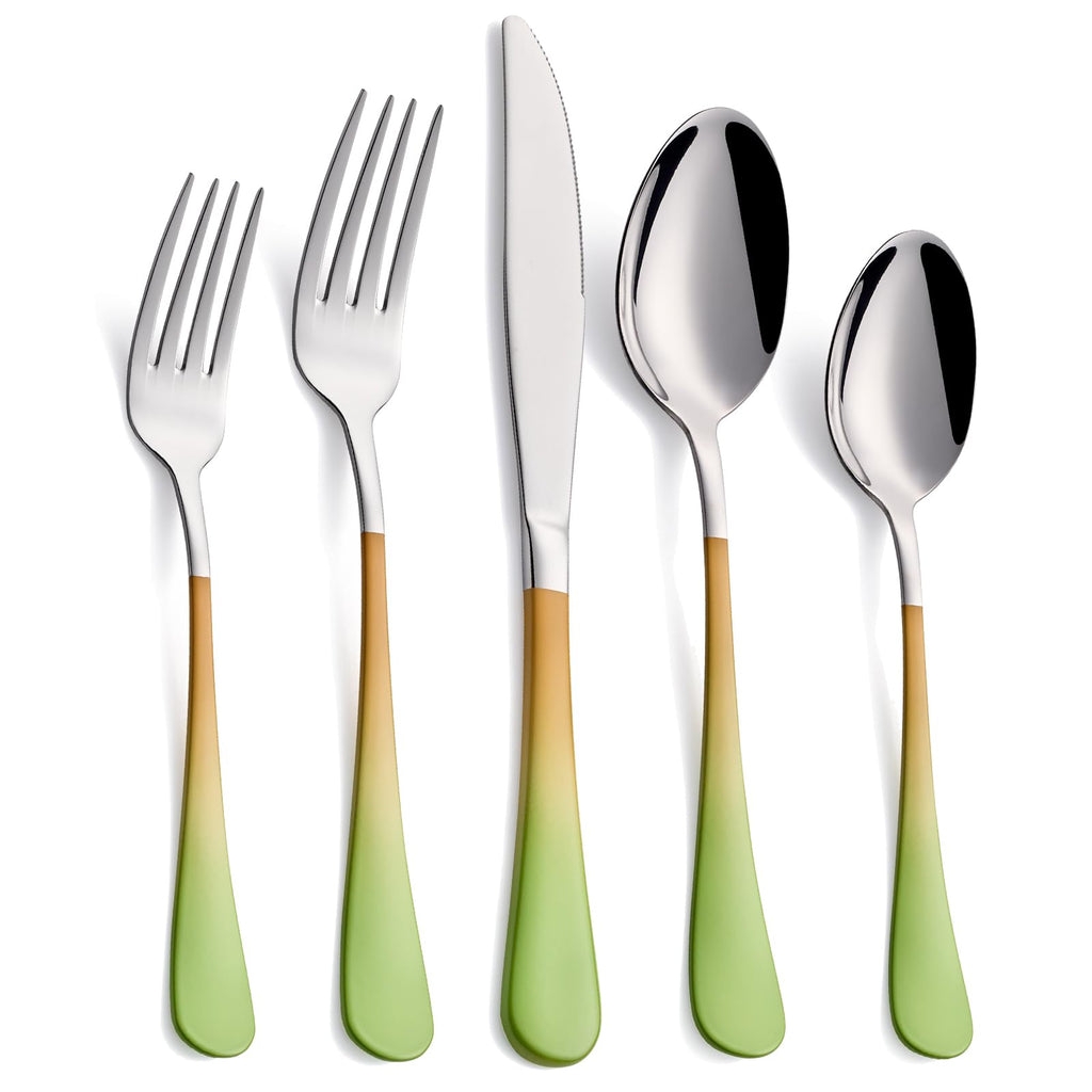 20-Pieces Color Silverware Sets for 4,Green and Orange Handle Stainless Steel Cutlery Set, Include Forks Spoons and