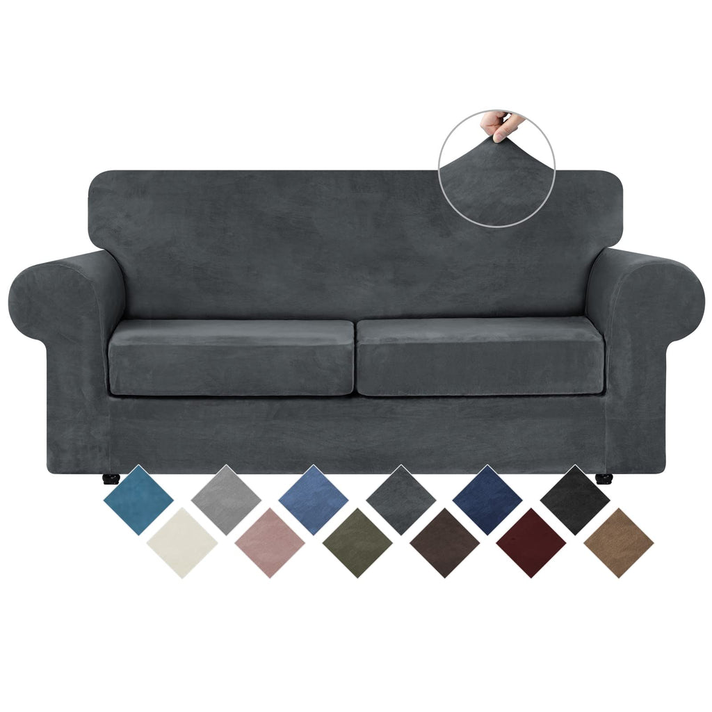 Velvet Stretch 3 Pieces Couch Cover for Sofa Washable, Dark Grey