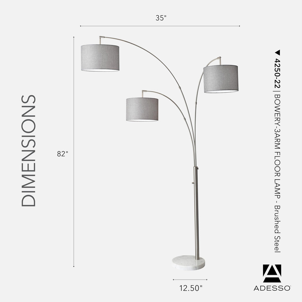 Inspired Arco Style 4250-22 Bowery 3-Arm Arc Lamp, 74 in, 3 x 100W Incandescent/26W CFL, Brushed Steel Finish, 1 Floor Lamp, Grey