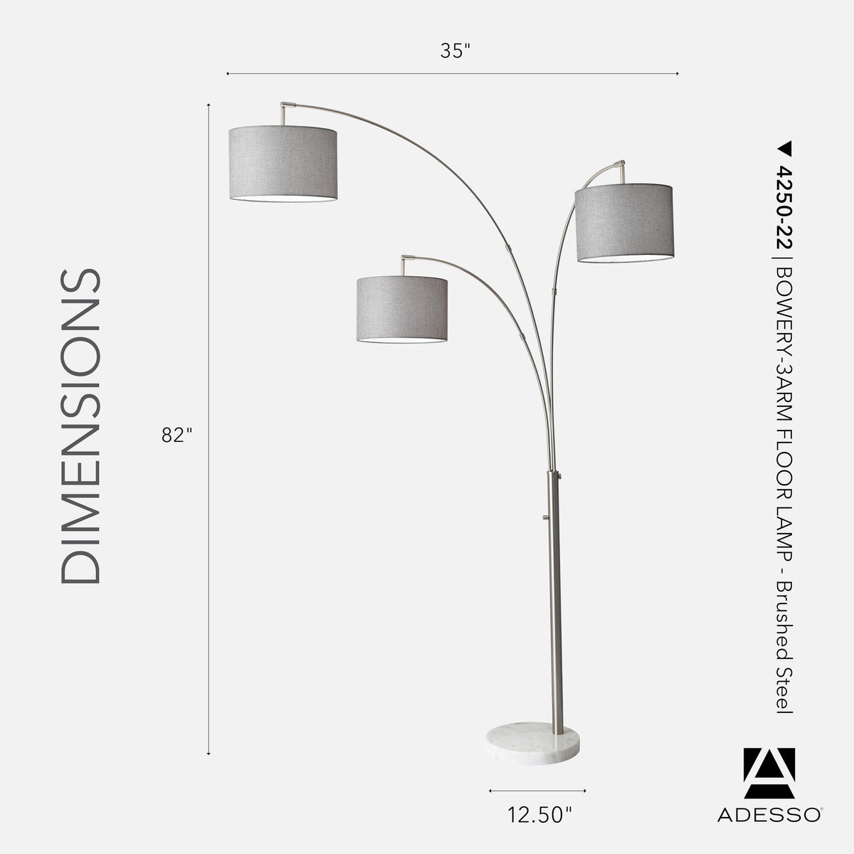 Inspired Arco Style 4250-22 Bowery 3-Arm Arc Lamp, 74 in, 3 x 100W Incandescent/26W CFL, Brushed Steel Finish, 1 Floor Lamp, Grey