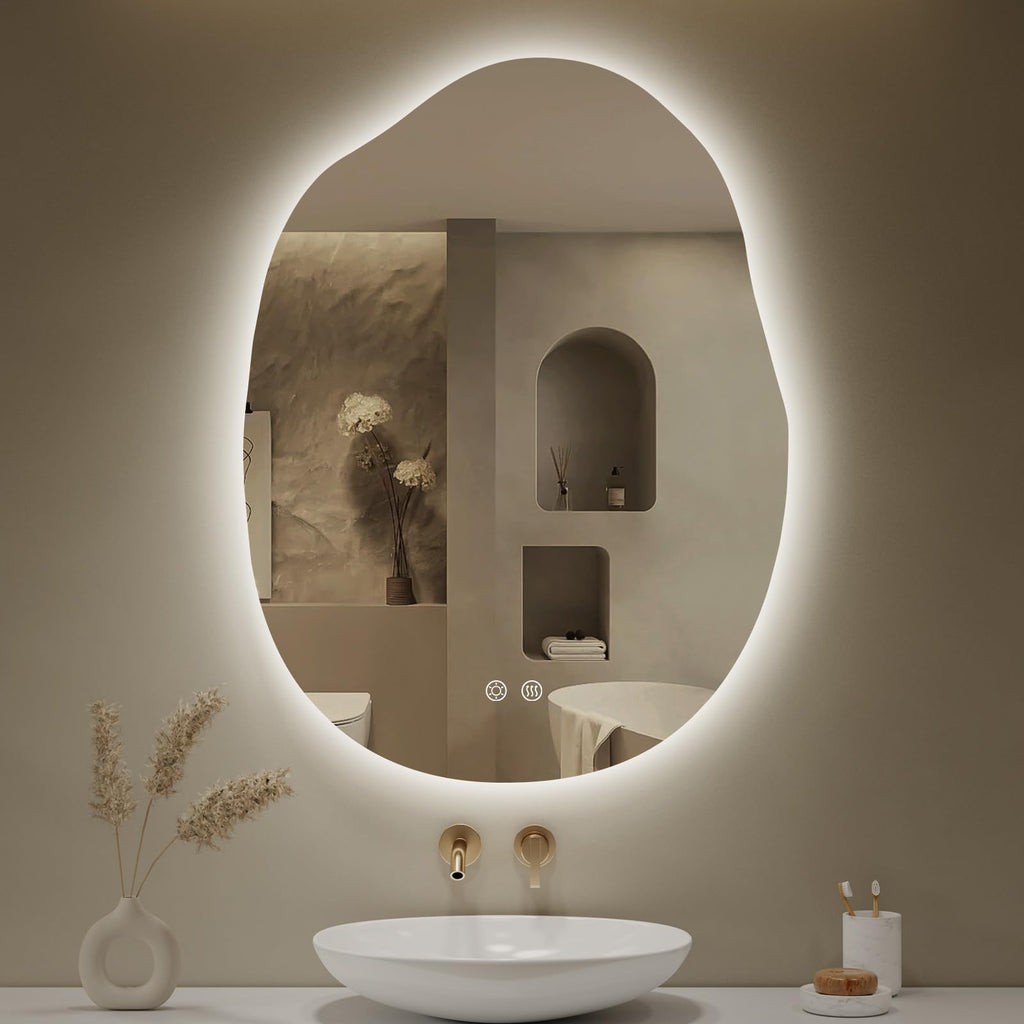 24x32 Irregular LED Bathroom Mirror with Lights,Asymmetrical Backlit Mirror