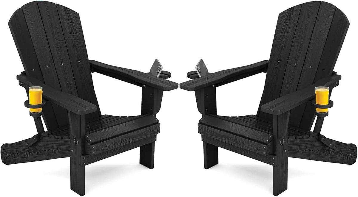 Outdoor Adirondack Chair Set of 2 with 2 Cup Holders,Foldable,Black | HDPE Composite,Waterproof,Wood Grain,Cup &
