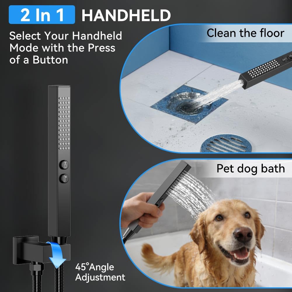 Matte Black Shower System with Body Jets, 12 Inch Rainfall Shower and Handheld Spray, Wall Mounted Full Body Shower