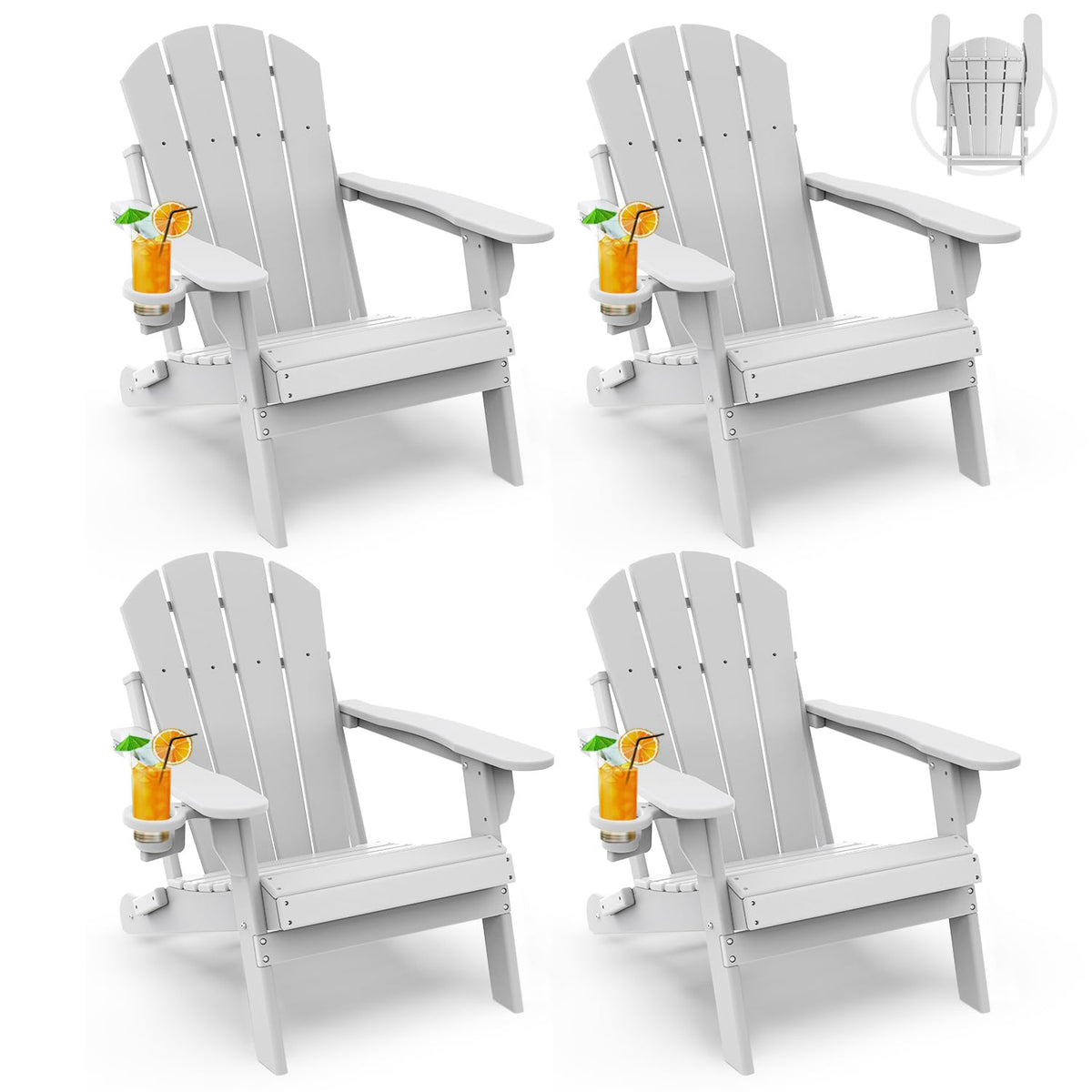 Folding-Adirondack-Chairs Set of 4, HDPE All Weather, White