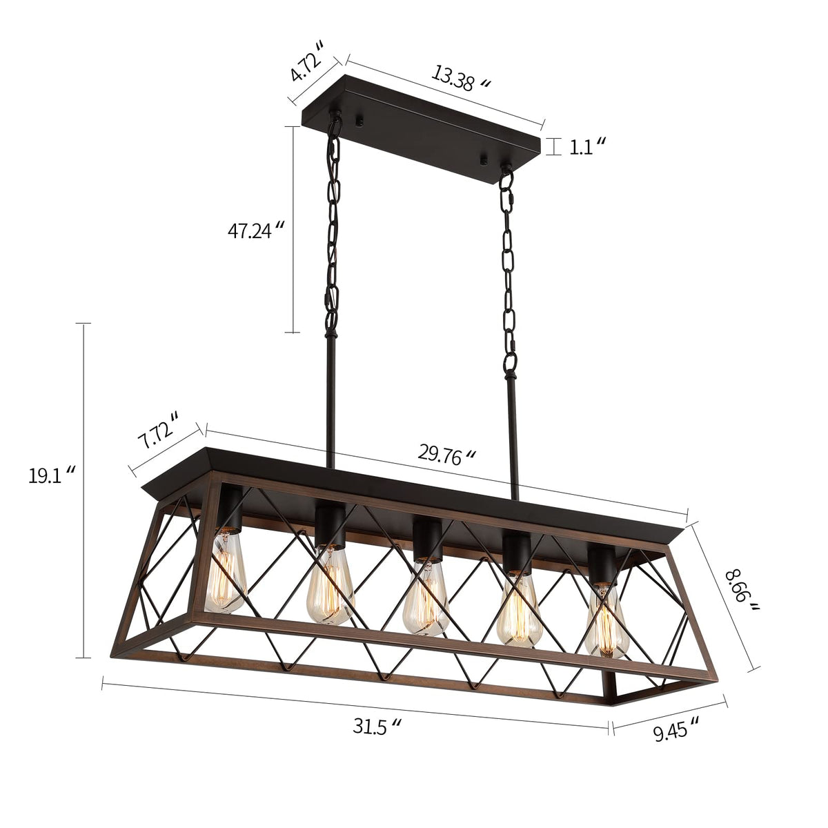 Farmhouse Rustic Chandelier Light Fixtures Bronze 5 Lights Linear Rectangular Chandelier Pendant Light Fixtures