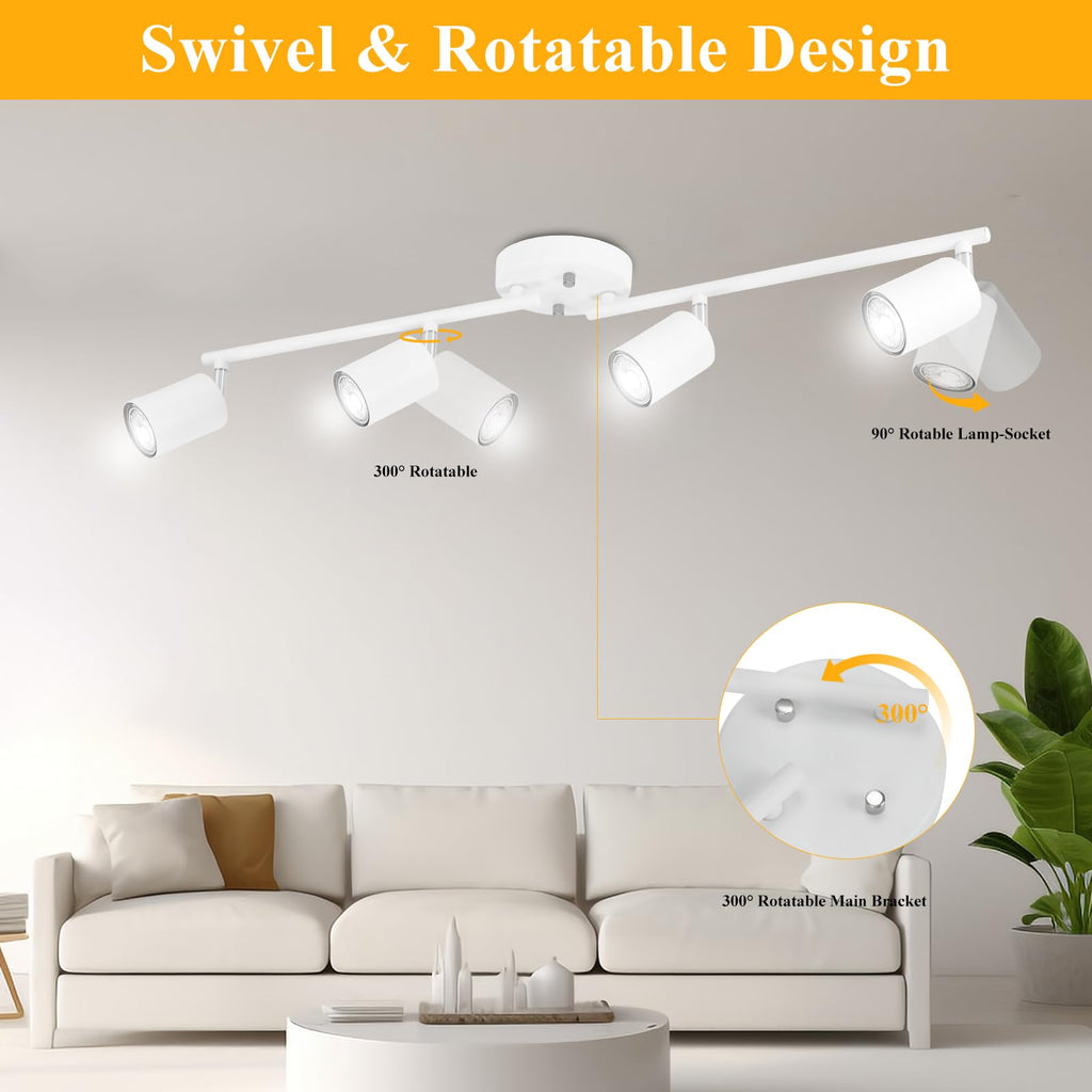 LED 4 Light Track Lighting Kit, White 4 Way Ceiling Spot Lighting, Flexibly Rotatable Light Head, Bulb Not Included