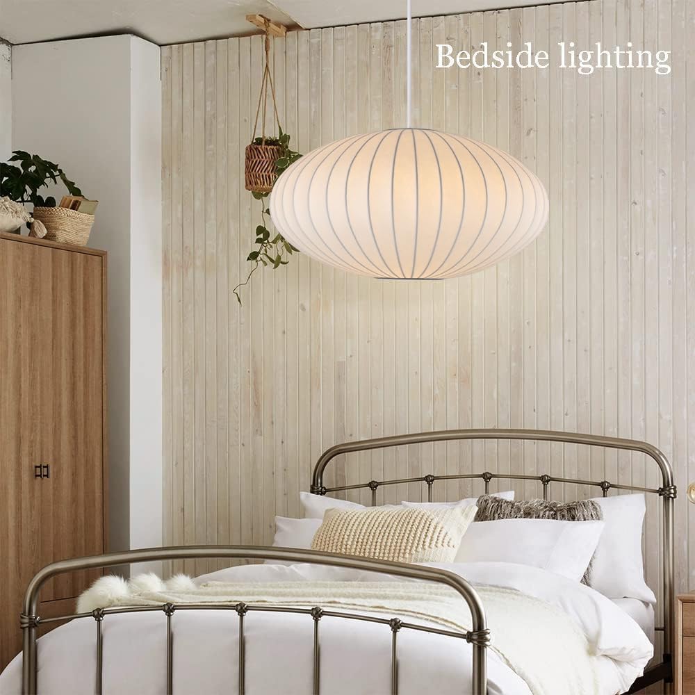Inspired Nelson Style Italian Silk Pendant Light, 19.7in White Bubble Fabric Lantern