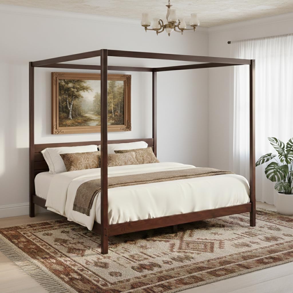 Solid Pine Canopy Bed Frame, King - Walnut Finish