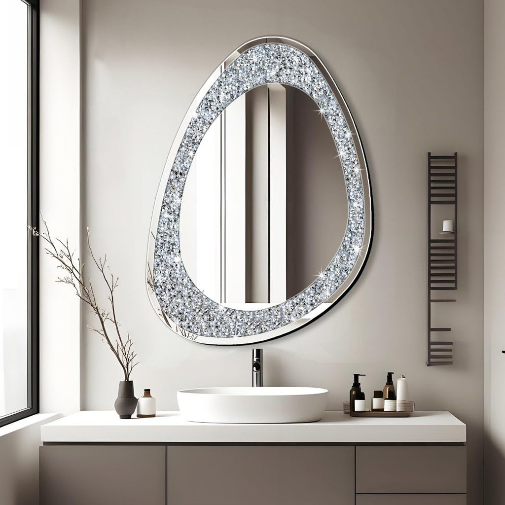 Modern Irregular Shaped Wall Mirror - 32x23.5 Inch Decorative Oval Diamond Decor Mirror