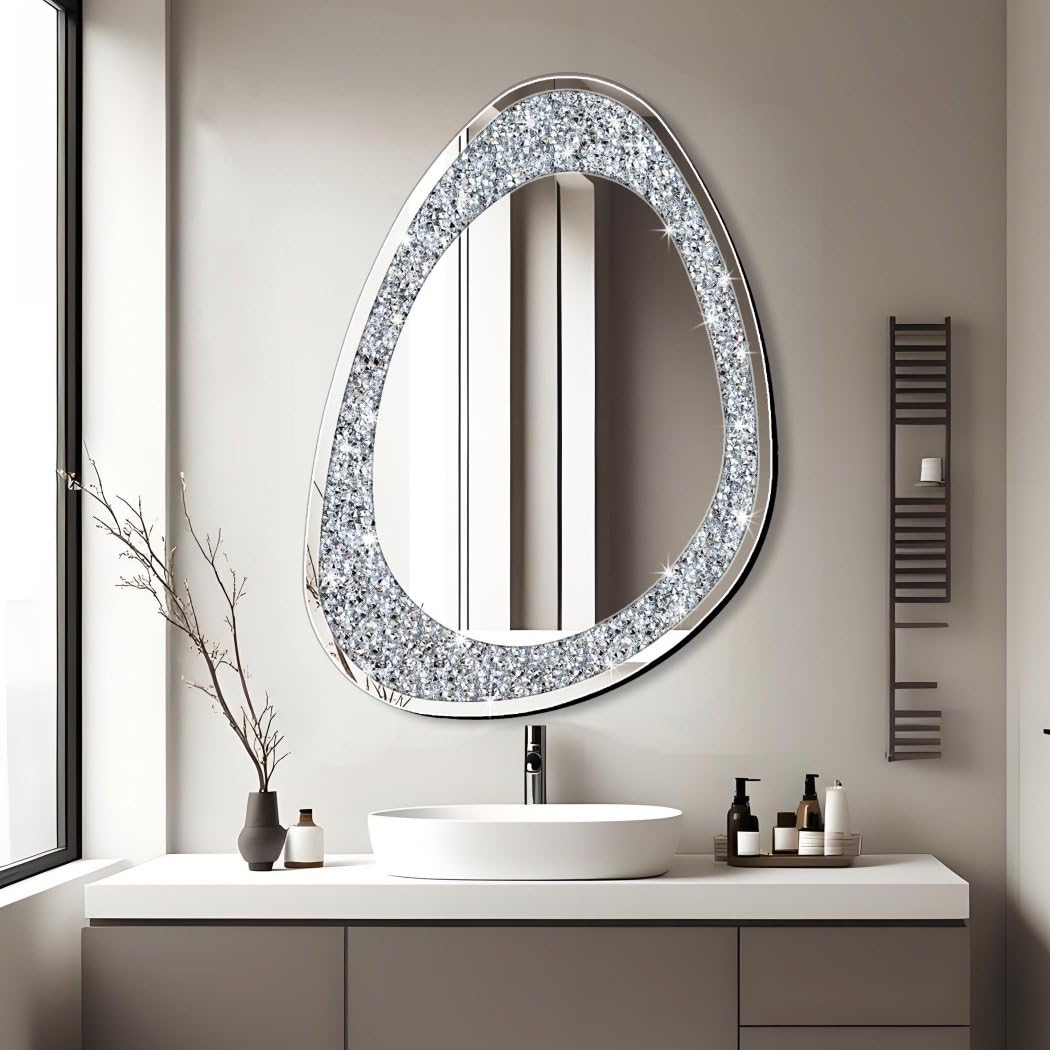 Modern Irregular Shaped Wall Mirror - 32x23.5 Inch Decorative Oval Diamond Decor Mirror