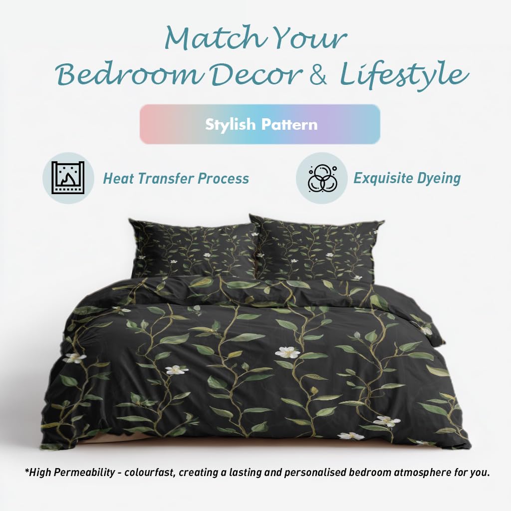 Botanical Duvet Cover, Tree Stripe Floral Black Green Reversible Design Bedding Set 2 Piece, Botanical