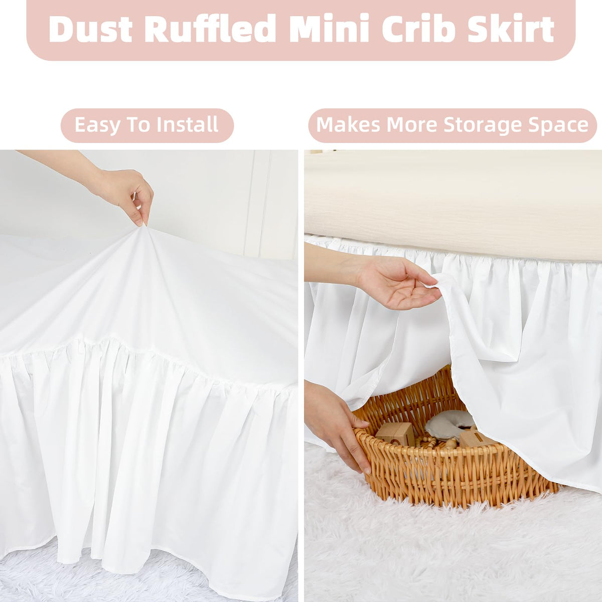 White Crib Skirt 28"X52" with 14" Drop, Ruffle Crib Bed Skirt for Baby Boys Girls, Fit Toddler Beds, Standard Crib