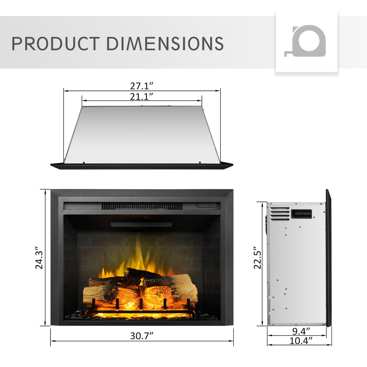LegendFlame Carl 30" W Electric Fireplace Insert, Fireplace Heater 750/1500W, Fire Crackling Sound, Remote