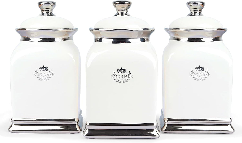 OZ Cookie Jar, White Kitchen Canisters, Farmhouse Porcelain Decorative Jars for Countertop, Ceramic - Set of 3