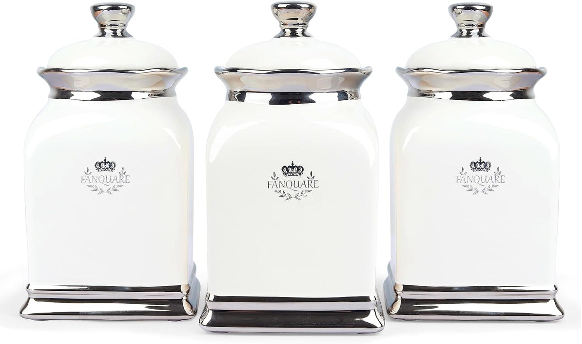 OZ Cookie Jar, White Kitchen Canisters, Farmhouse Porcelain Decorative Jars for Countertop, Ceramic - Set of 3