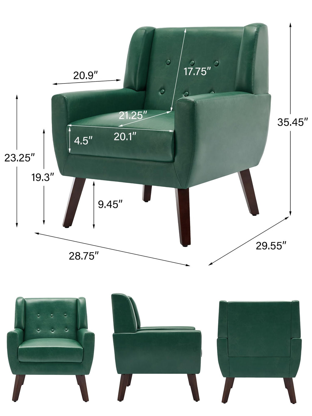 Mid-Century Modern Faux Leather Accent Chair, Green, Set of 2