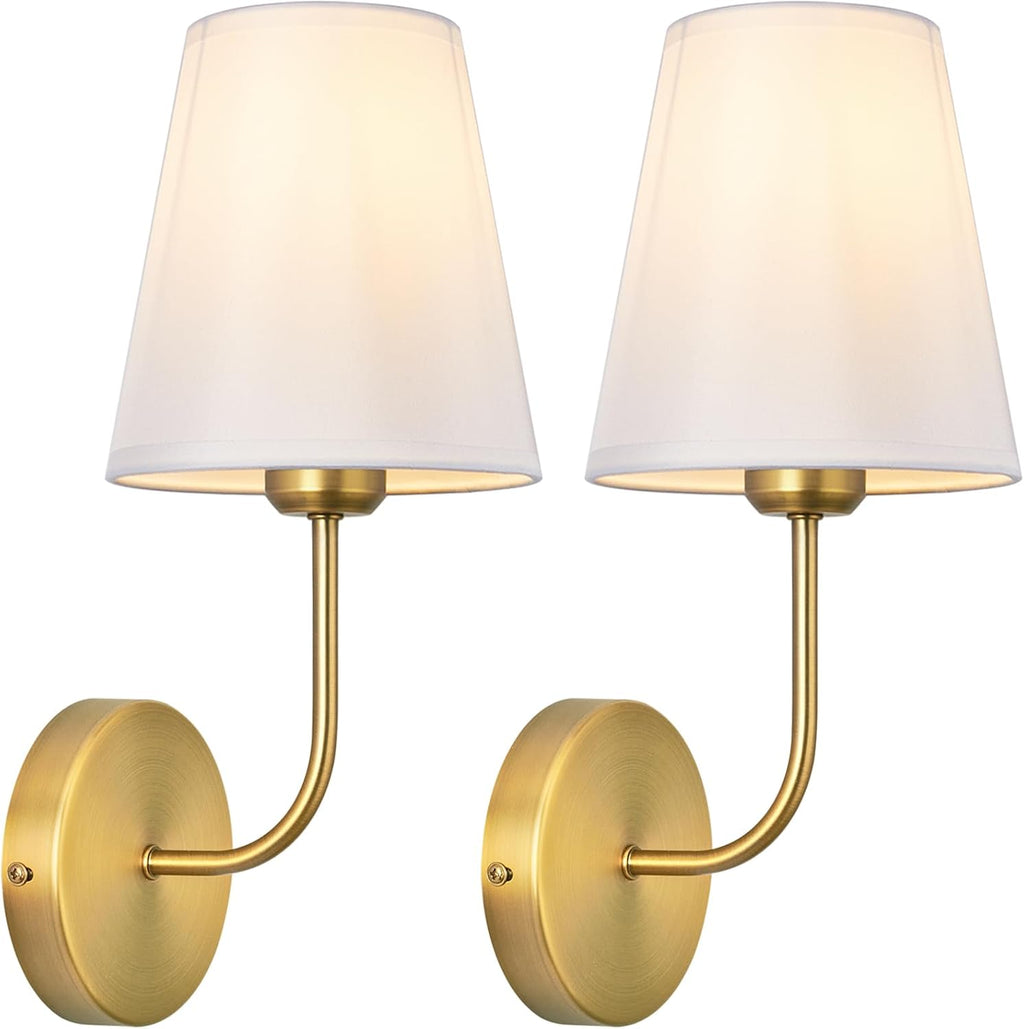 Antique Brass Hardwired Wall Sconce Set of 2 - Gold Finish with White Fabric Shades，Bedroom Lighting, Living Room