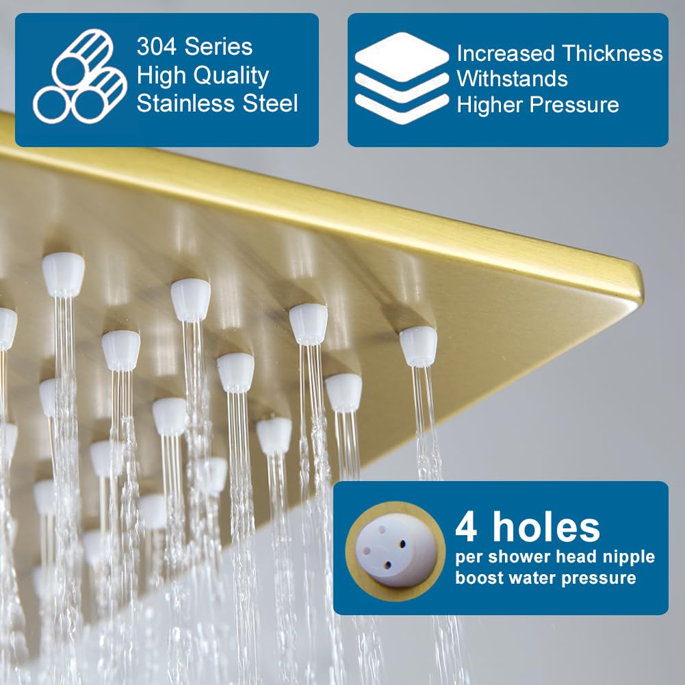 Shower Tub Faucet Set Brushed Gold Bathroom Shower System with Tub Spout Wall Mounted Rainfall 12 Inch Thickened
