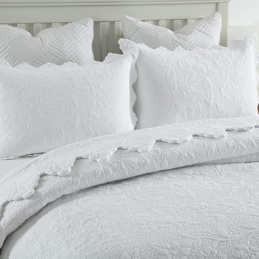 White Cotton Quilt Set Twin Scalloped Matelasse Coverlet 2PC