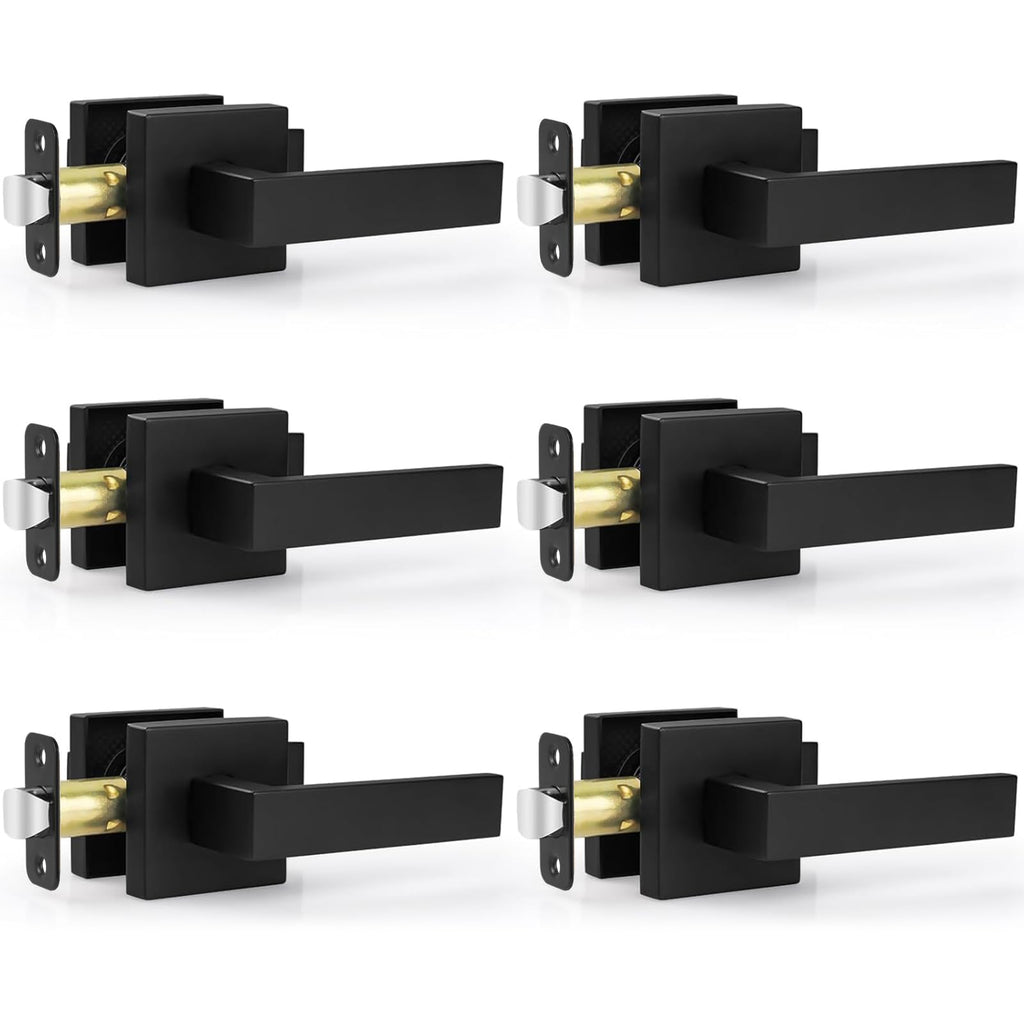6 Pack Door Handles Matte Black - Passage Door Knobs Interior Square Door Levers, Heavy Duty Non-Locking Leversets