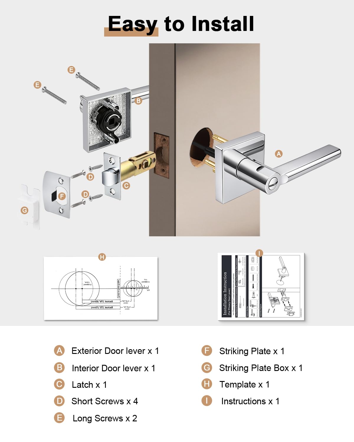 2 Pack Interior Privacy Door Handles, Polished Chrome Heavy Duty Levers with Lock Bathroom, Square Lockset Upgrade