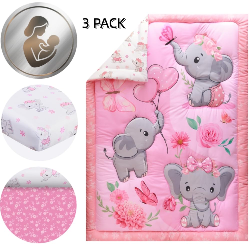 Baby Girl Crib Bedding Set Pink Elephant Crib Nursery Comforter Bed Sets Decor with Fitted Crib Sheet, Comforter and