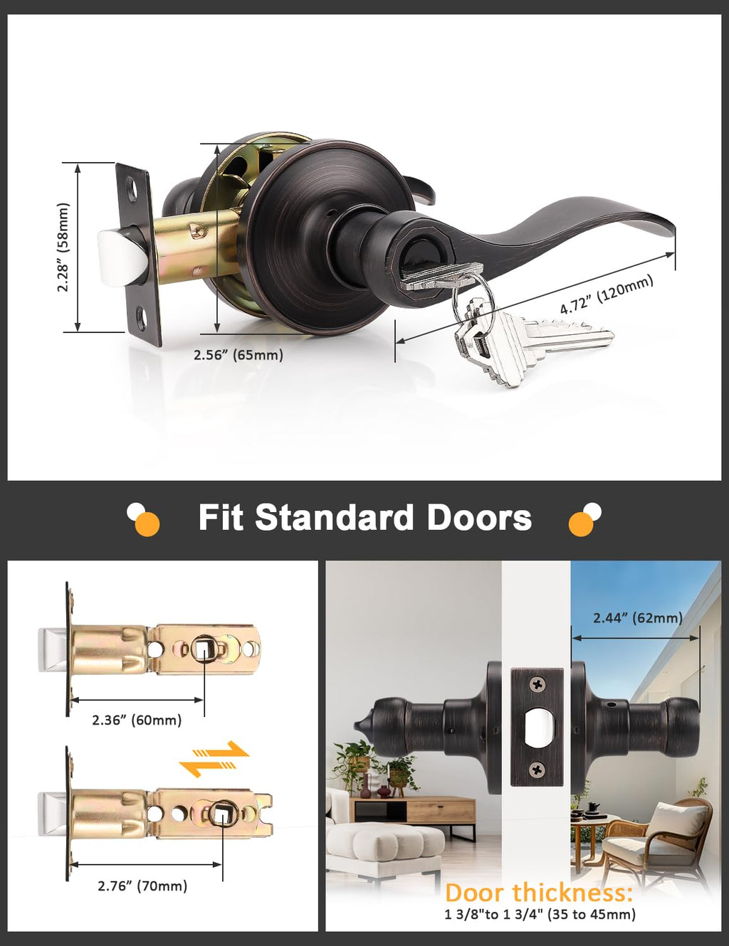 Oil Rubbed Bronze Keyes Entry Door Locks Wave Handle Lever, 1Pack