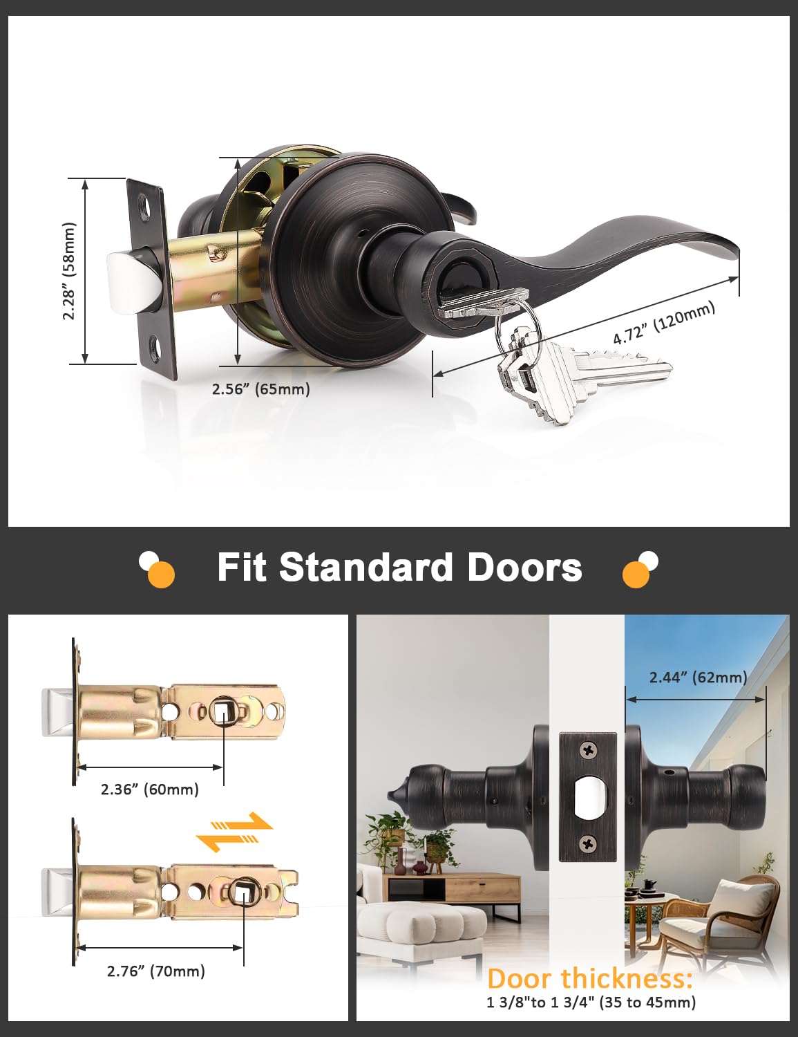 Oil Rubbed Bronze Keyes Entry Door Locks Wave Handle Lever, 1Pack