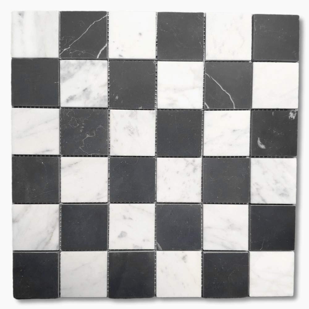 Carrara White & Nero Marquina Black Marble 2x2 Checkerboard Mosaic Tile Honed Kitchen Bath Wall Floor Backsplash