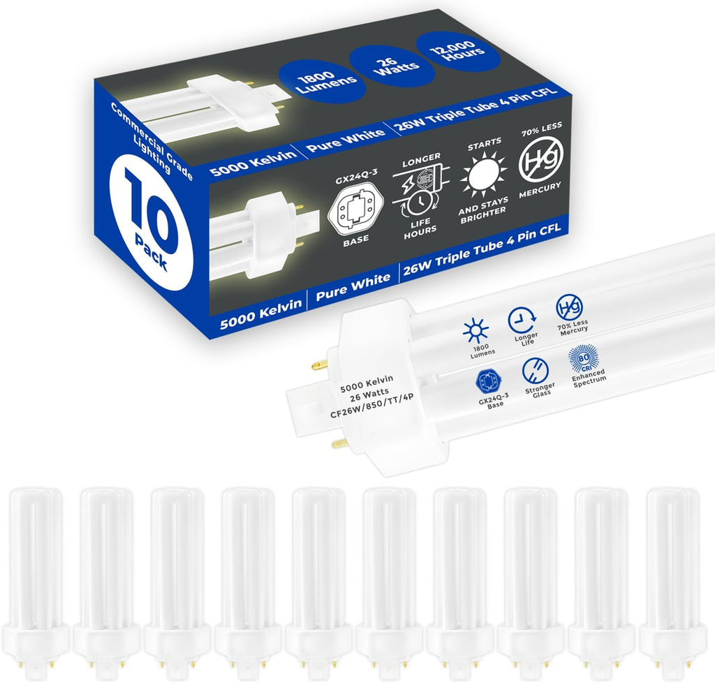 26 Watt CFL Light Bulbs 4 Pin GX24Q-3 Base 5000K Daylight 26W High Output 1800 Lumens Triple Tube Compact Fluorescent
