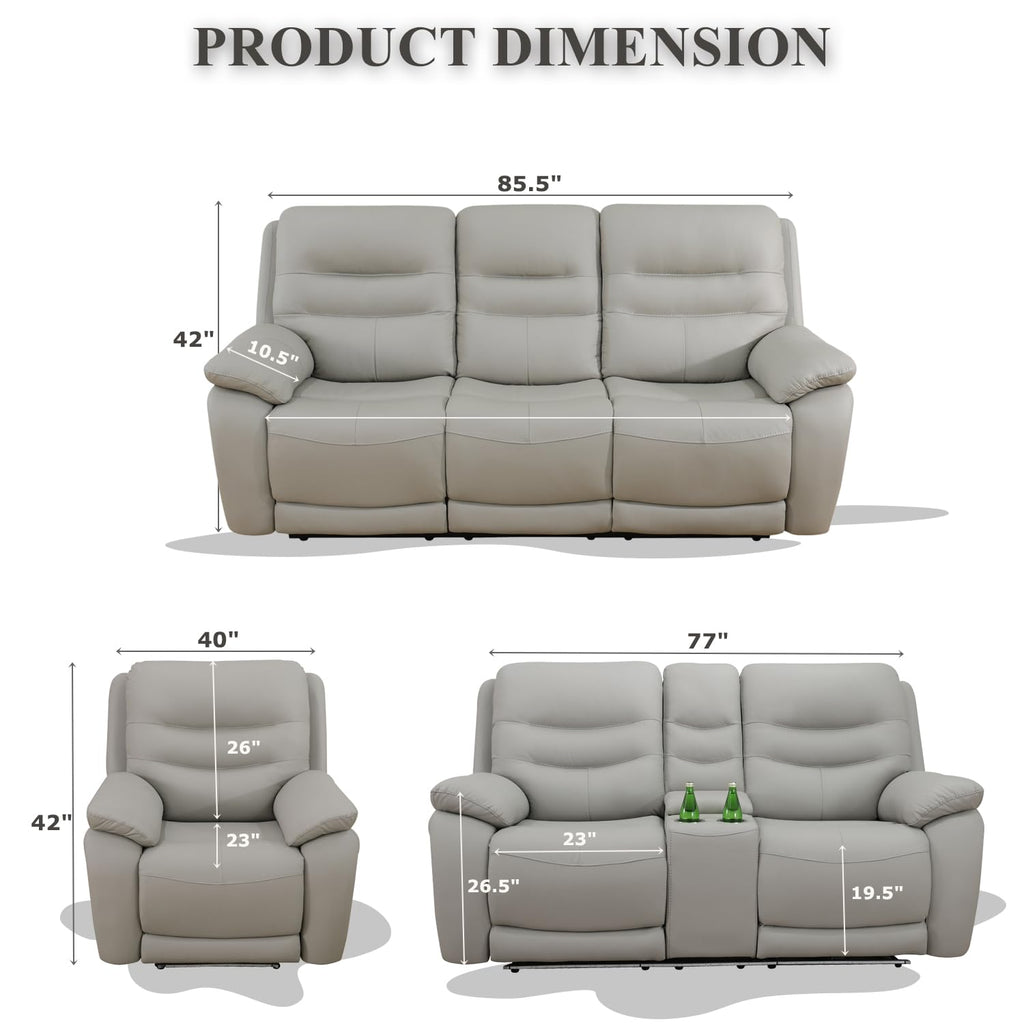 Power Reclining Sofa, 3-Seater Genuine Leather Recliner Couch