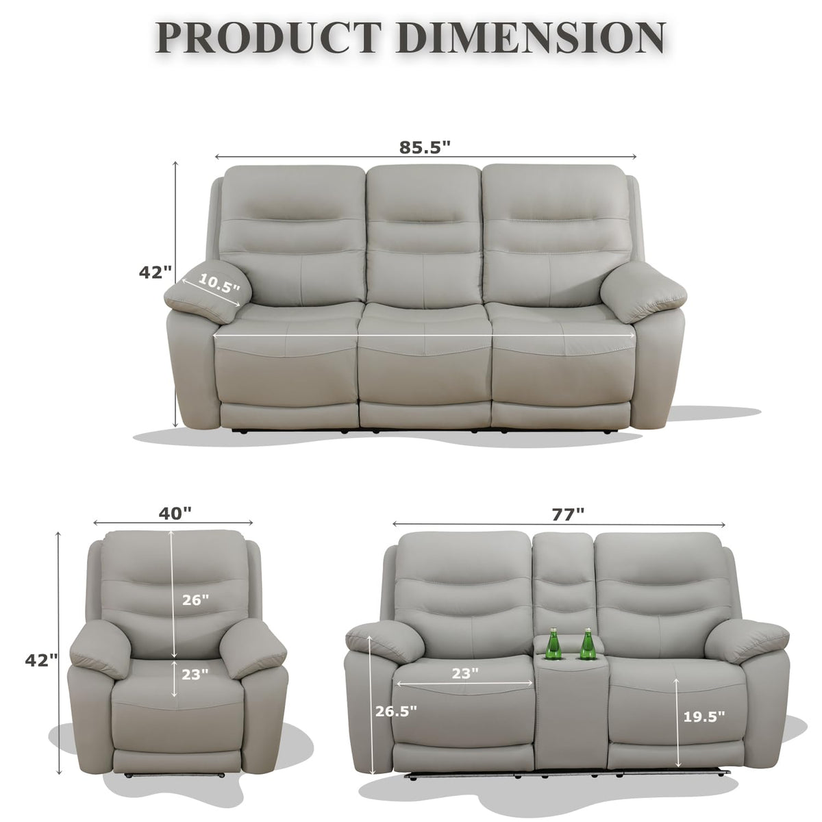 Power Reclining Sofa, 3-Seater Genuine Leather Recliner Couch