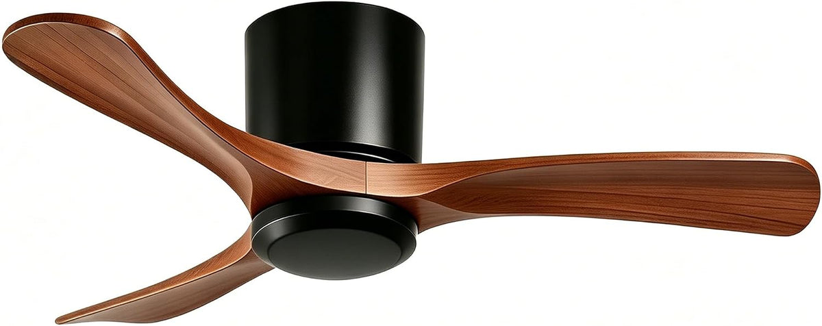 42 Inch Wood Ceiling Fan Without Light - Flush Mount, Remote Control, 3 Blade 6-Speed Reversible DC Motor, Noiseless Timer