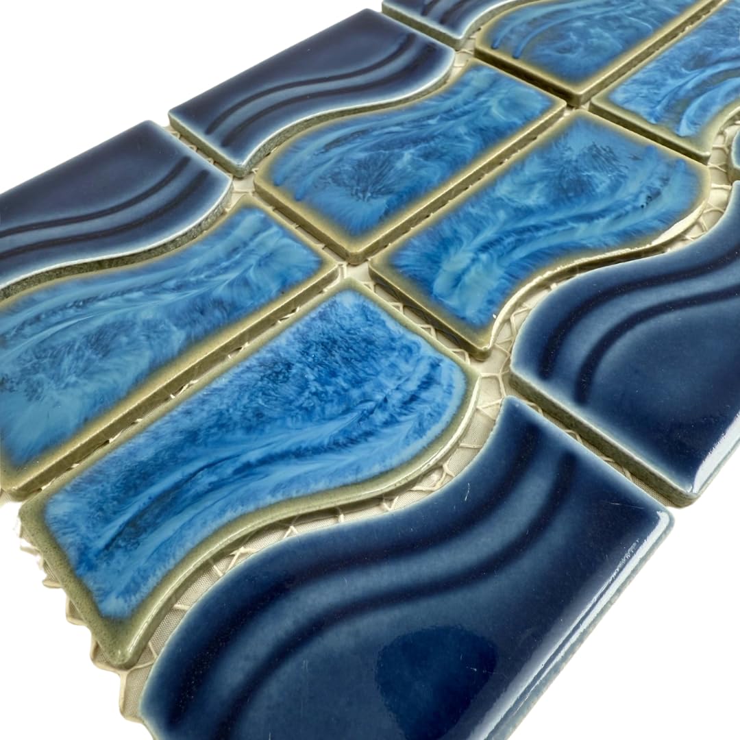 Navy Ocean Blue Wavy Porcelain Waterline Border Pool Wall Floor Tile Backsplash on 6x12 Mesh Mounted Easy