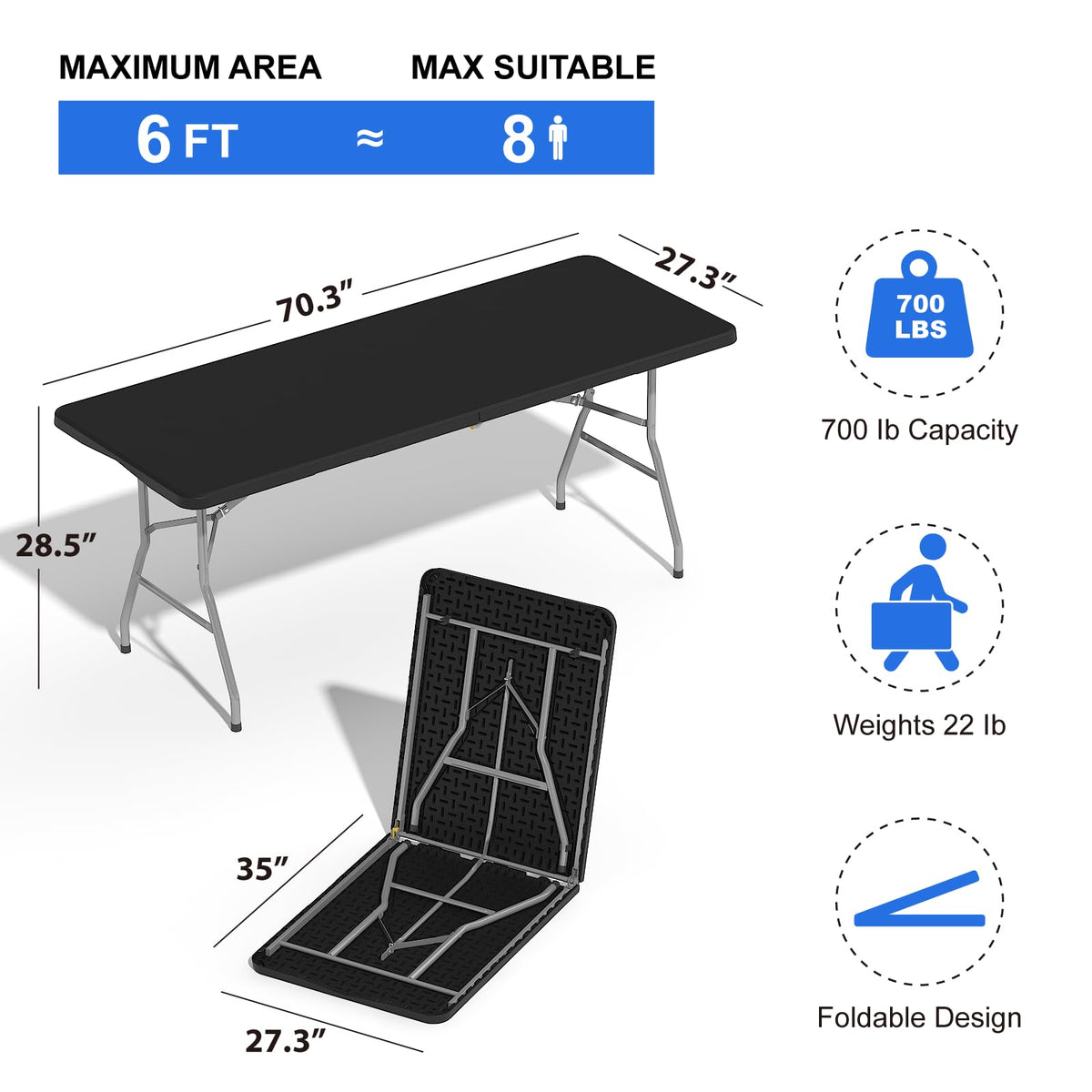 6FT Folding Tables for Camping Party Picnic, School, 6 Pack, Black