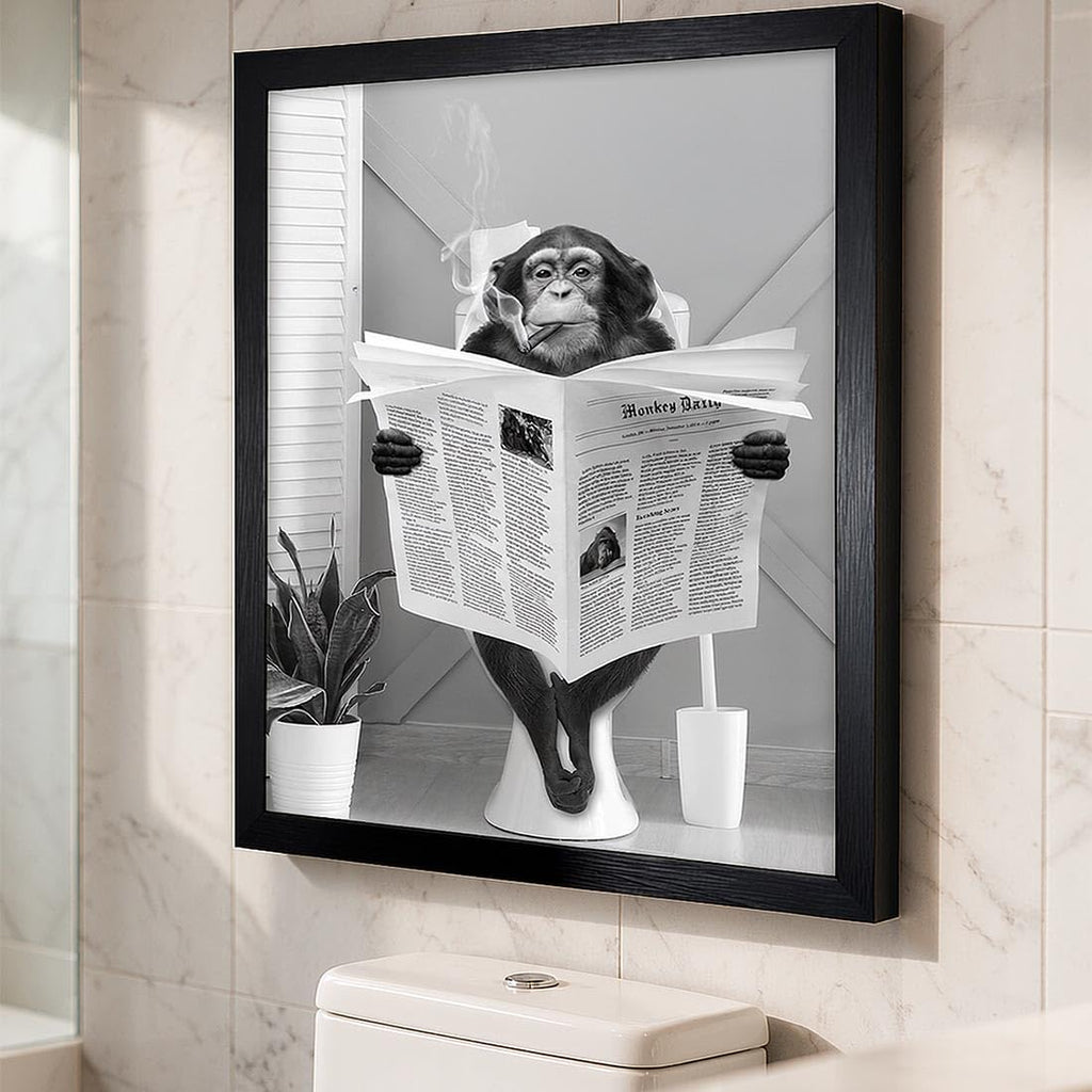 Bathroom Canvas Wall Art, Monkey Reading Newspaper Framed Art Decor, Animal Picture Bathroom Restroom Wall Decor