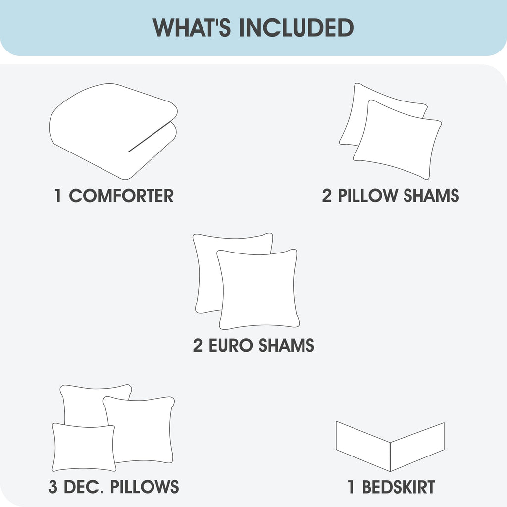 9 Piece Comforter Set, Sage Jacquard Damask, Bed in a Bag, All Seasons Bedding with Shams, Euro Shams, Bed Skirt
