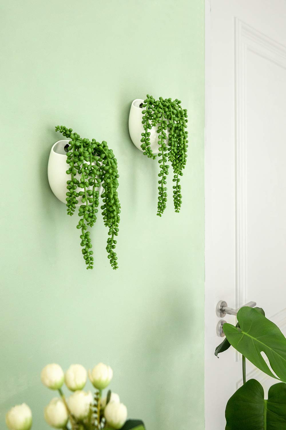 Small Wall Planters, 2 Pack Ceramic Holder with Artificial Succulents