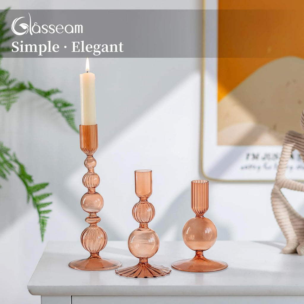 Glass Candlestick Holders, 3 Pcs Amber Unique Taper for Fall Decor