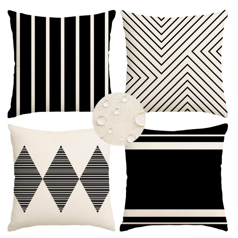 Outdoor Pillow Covers Waterproof, 24x24 inch Black and Beige Boho Set of 4