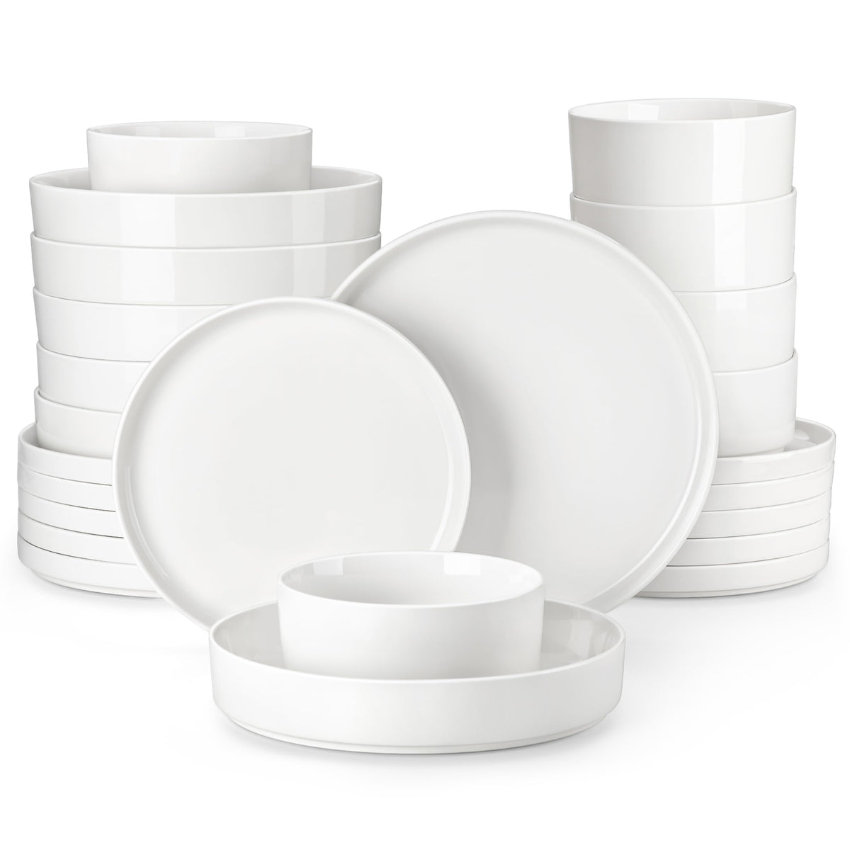 24 Pieces Porcelain Dinnerware Set, Modern White Dish Set for 6, Premium Serving Plates and Bowls Sets, Chip and