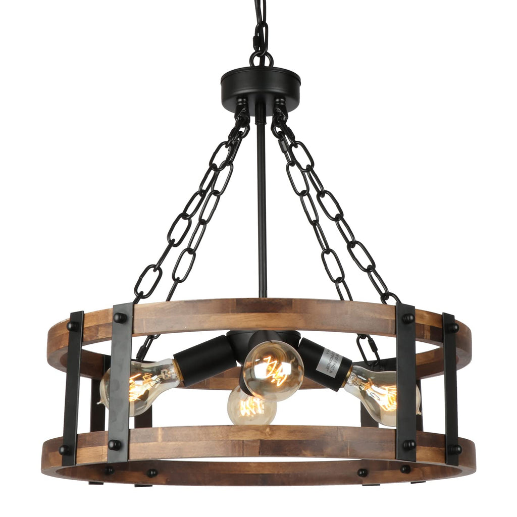Farmhouse Rustic Wood Chandelier, 4-Light Industrial Drum Chandelier Vintage Pendant Hanging Light Fixture with Black