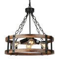 Farmhouse Rustic Wood Chandelier, 4-Light Industrial Drum Chandelier Vintage Pendant Hanging Light Fixture with Black