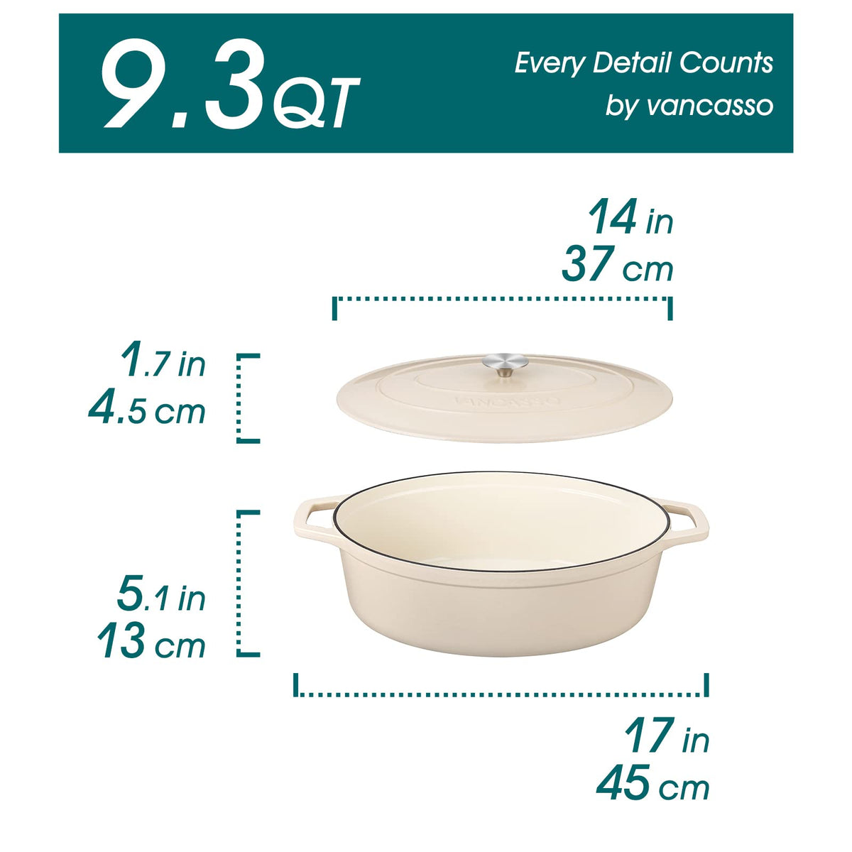 9.3 Qt Oval Enameled Cast Iron Dutch Oven with Lid, Cream