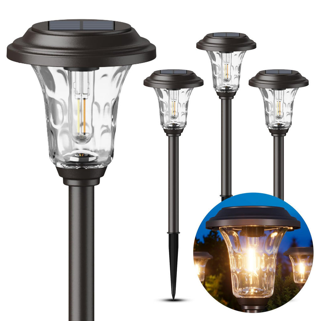 Solar Pathway Lights 4 Pack, Metal Glass Solar Garden Light Outdoor