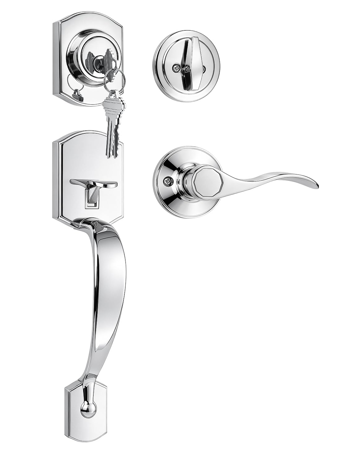 Camelot Front Door Handle and Deadbolt Set, Bright Chrome Front Door Lock Set, Upgated Entry Door Handle with Accent