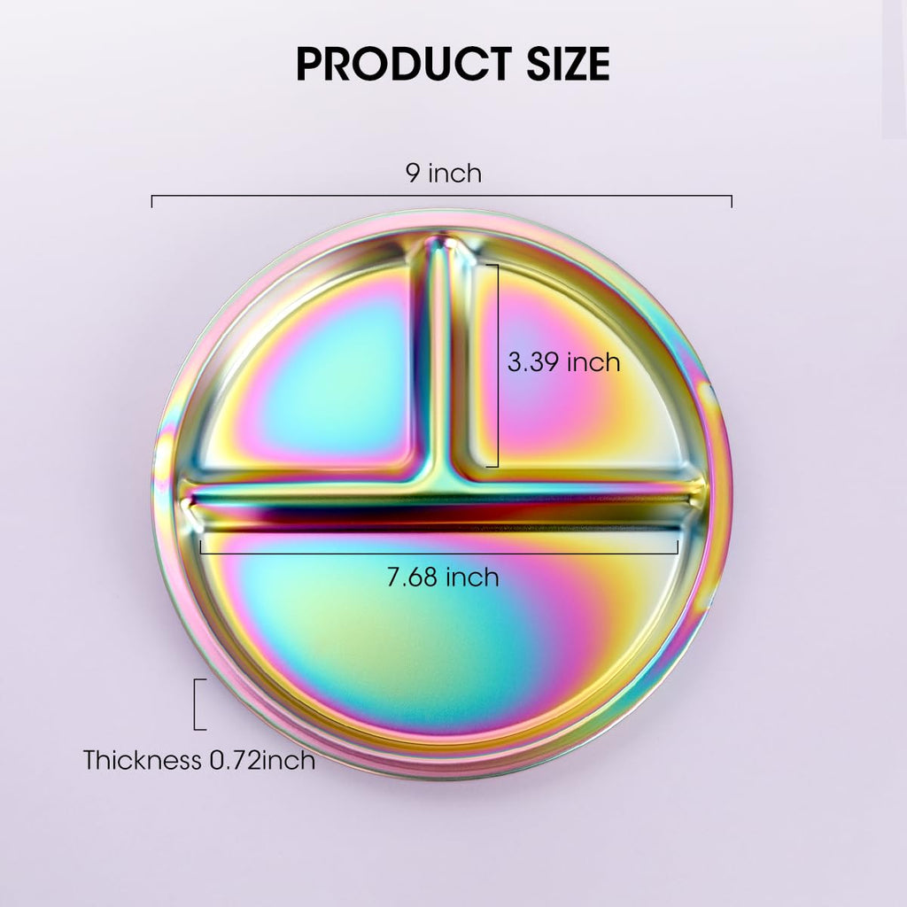 Stainless Steel Kids Plates, 4 Pack Round Divided Toddler Plates, Portion Control Plate 9 Inch