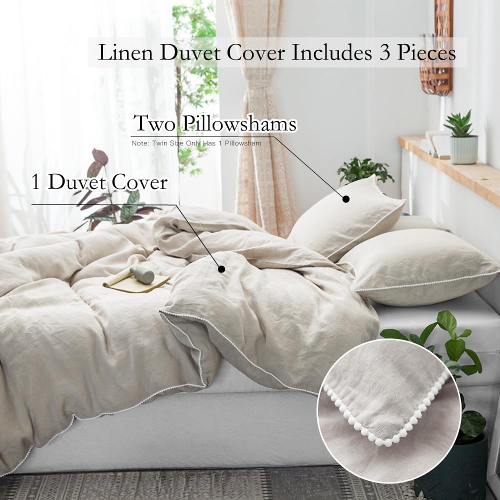 100% Washed Linen Duvet Cover with Pom Pom Trim, Natural French Flax Bedding Set Soft Breathable, 1 Farmhouse Boho
