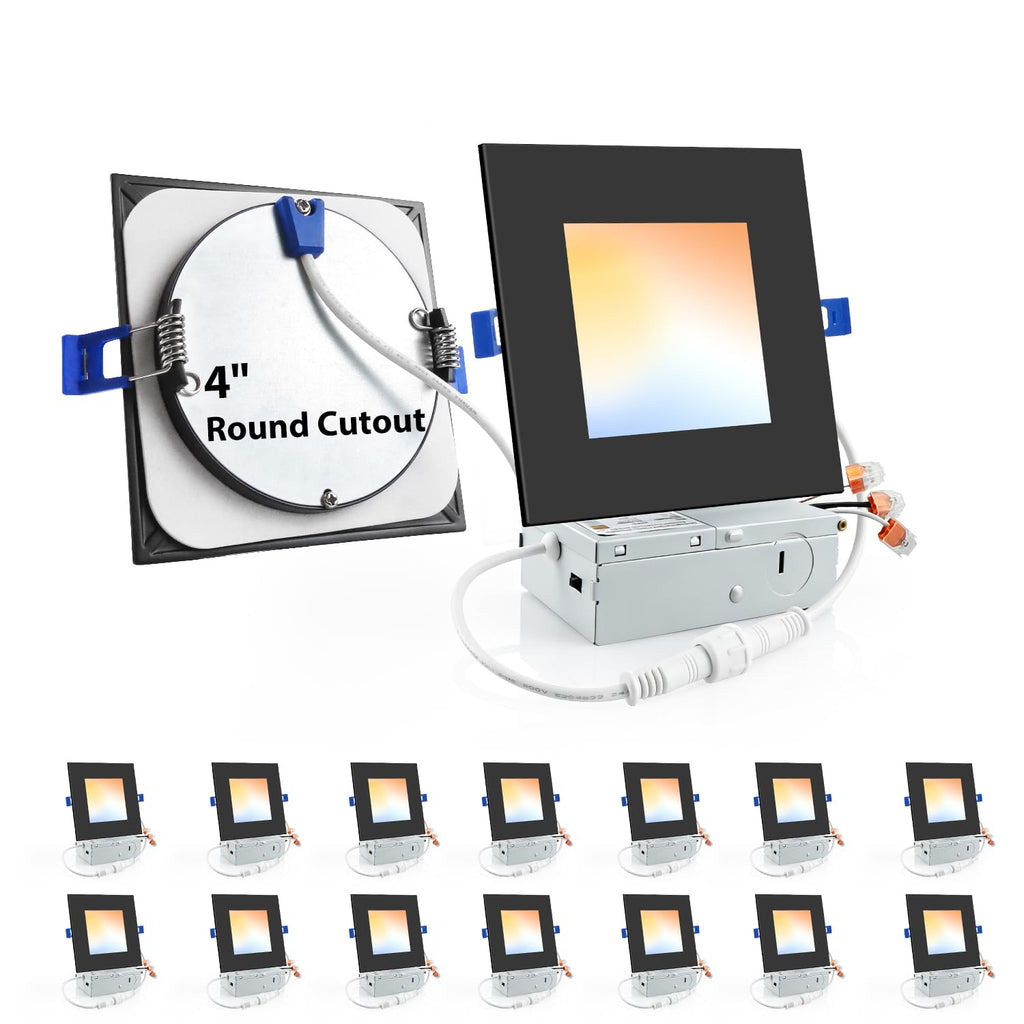12 Pack 4 Inch Black Square LED Recessed Light, 5CCT, 10W, Dimmable